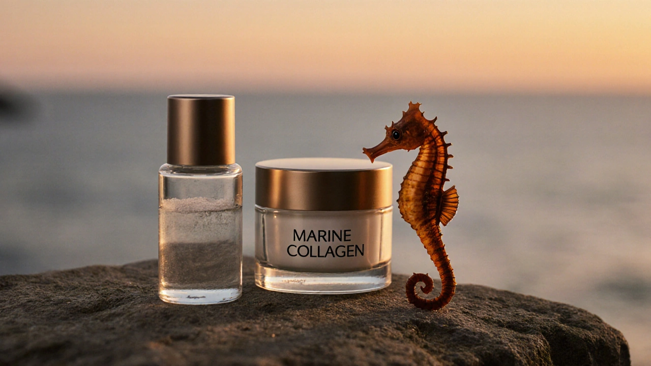Tři skleněné nádoby s mořským kolagenem a silueta mořského koníka na pozadí oceánu.