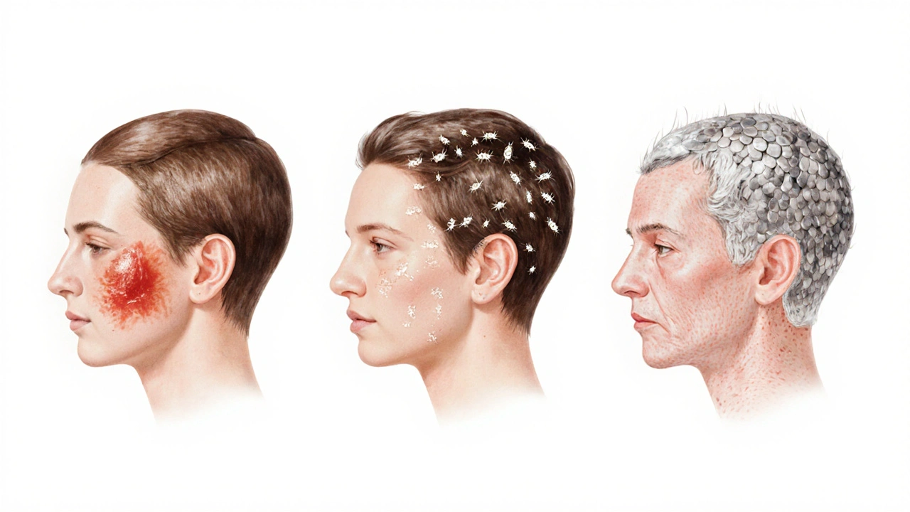 Tři typy kožních onemocnění na hlavě: seboréická dermatitida, vši a psoriáza.