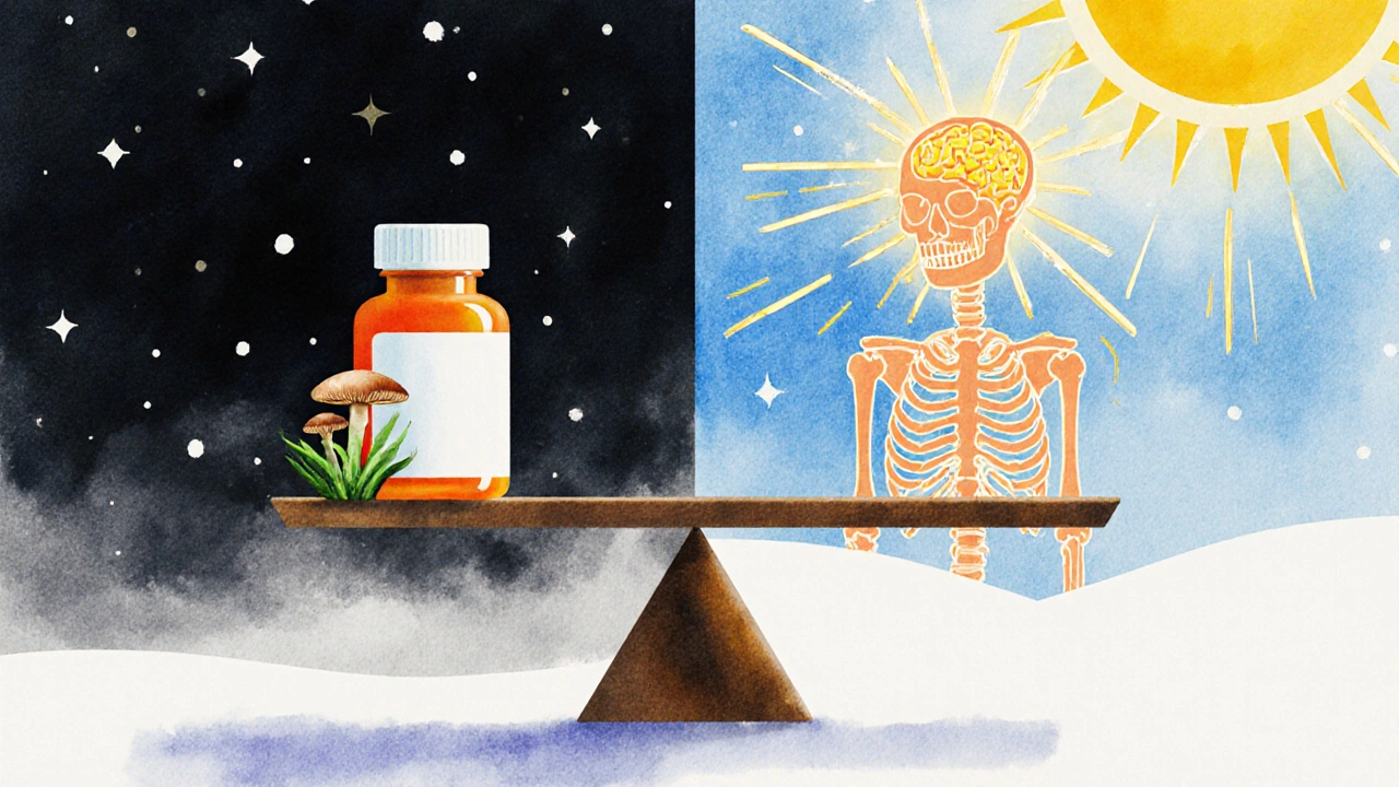 Váha s doplňkem vitamínu D a houbami na jedné straně, energický člověk na druhé, jarní slunce proti zimnímu nebi.