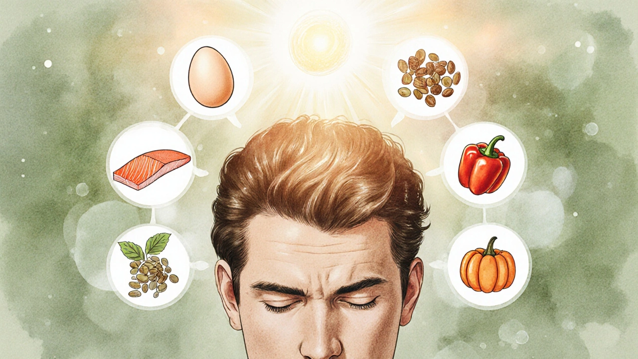 Zdravý kožní kryt s vlasovými folikuly a přirozenými zdroji vitamínů kolem.