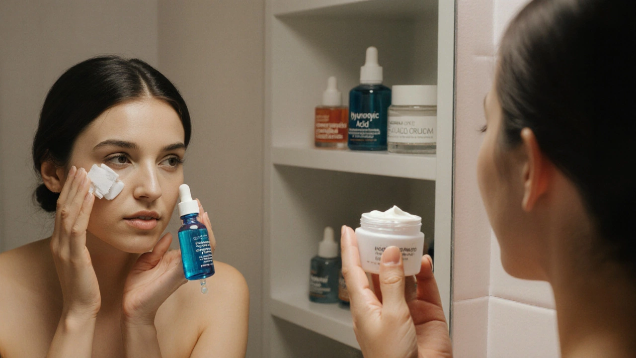 Žena aplikuje sérum a krém, viditelný rozdíl v konzistenci v zrcadle.