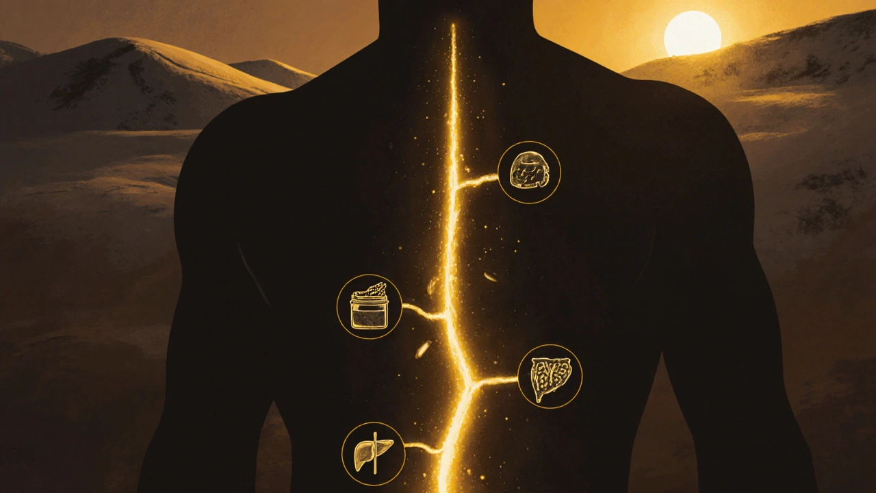 Zlatá cesta v těle znázorňující vstřebávání vitamínu D ze slunce a doplňků.