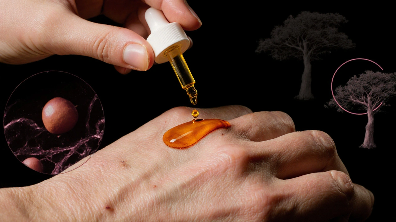 Zlatý olej kapá na starší pokožku, symbolizující obnovu buněk a přirozené léčení.