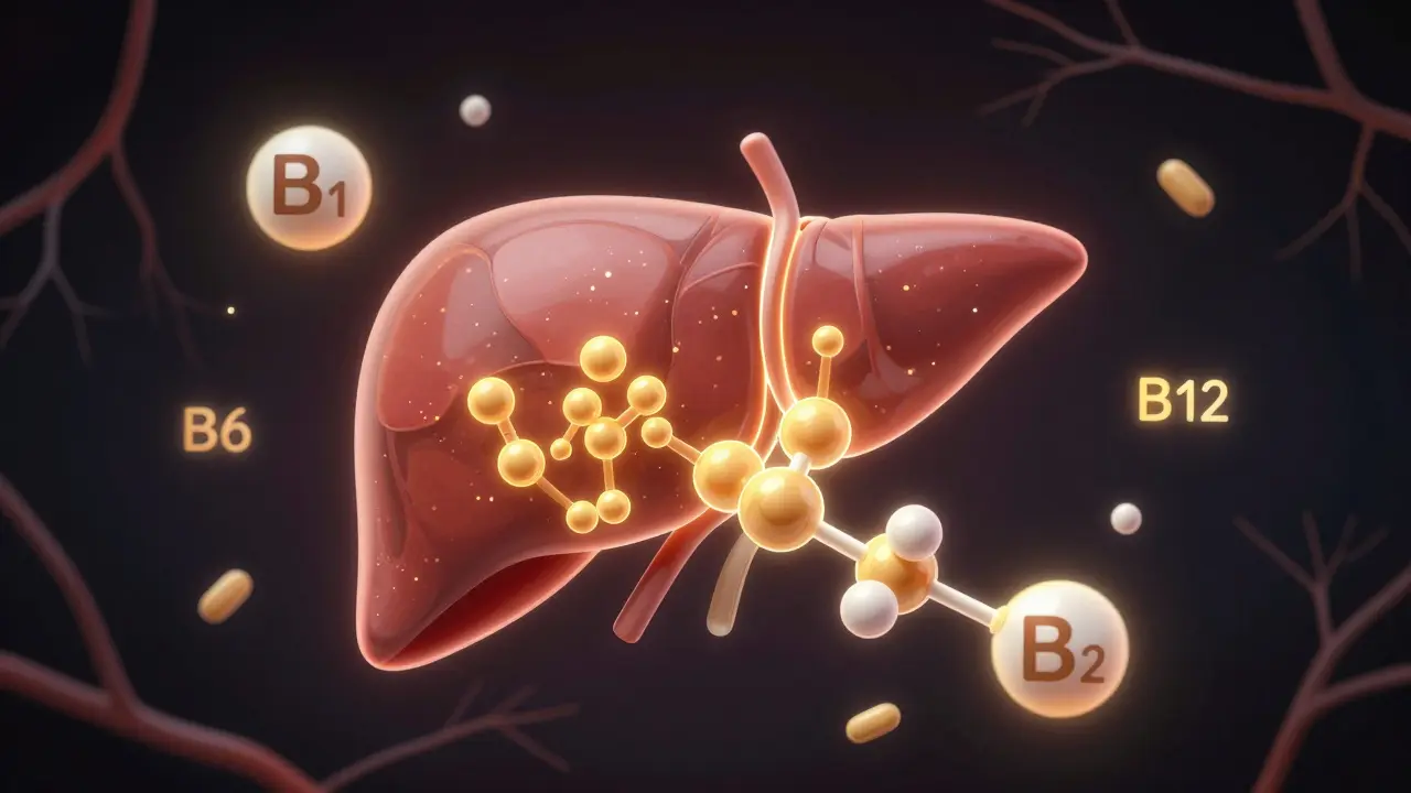 Abstraktní ilustrace játra rozkládajícího alkohol na molekuly s vitamíny B v okolí, v medicínském stylu.