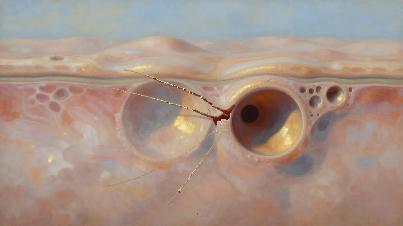 Abstraktní znázornění kůže s klesající elasticitou a rozpadajícími se vlákny kolagenu.