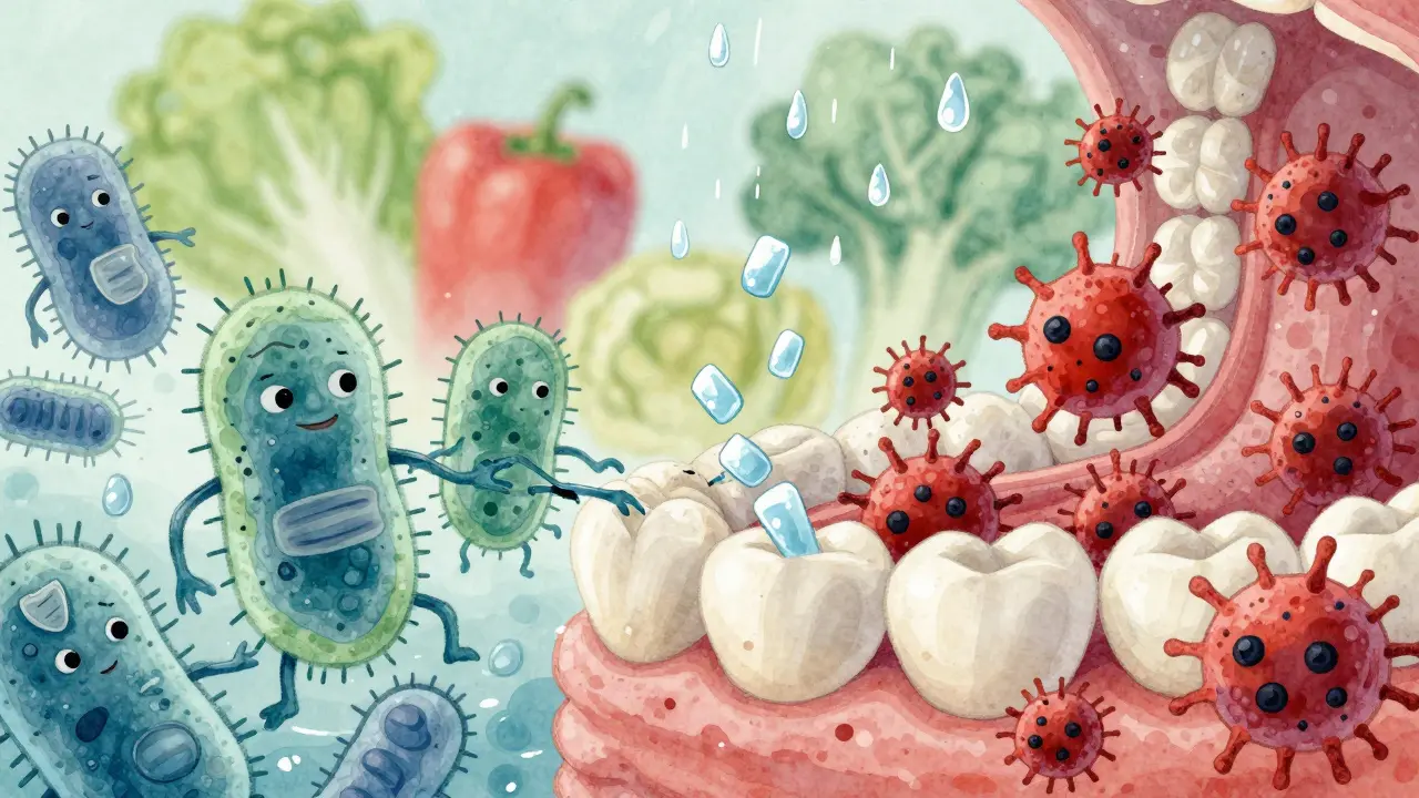 Boj mezi prospěšnými a škodlivými bakteriemi v ústech s xylitolovými krystaly.