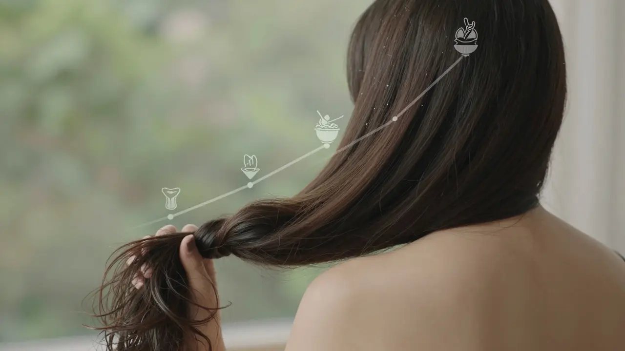 Časová osa růstu vlasů od poškozených končetin po dlouhé, zdravé vlasy s ikonami výživy a péče.