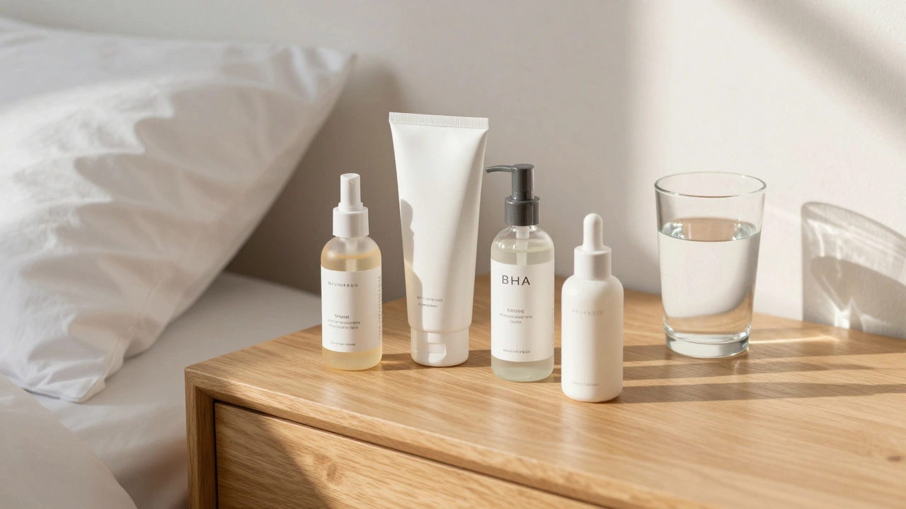 Denní péče o pleť: sérum, tonik, hydratační krém a čistý polštář na stole