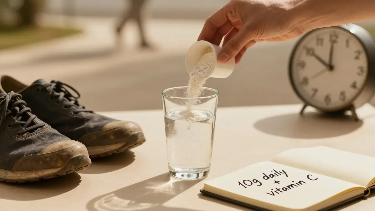 Hydrolyzovaný kolagen s vitamínem C jako součást denní rutiny.