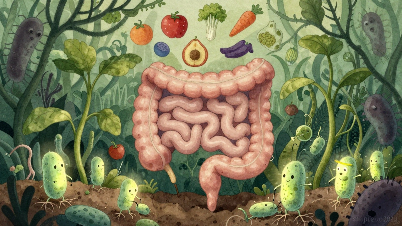 Ilustrace střeva jako zahrady s přátelskými bakteriemi a vlákninou