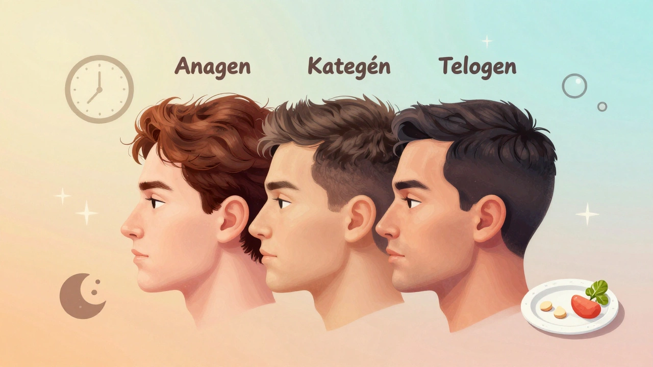 Ilustrace tří fází růstu vlasů s abstraktními symboly stresu a nedostatku bílkovin.