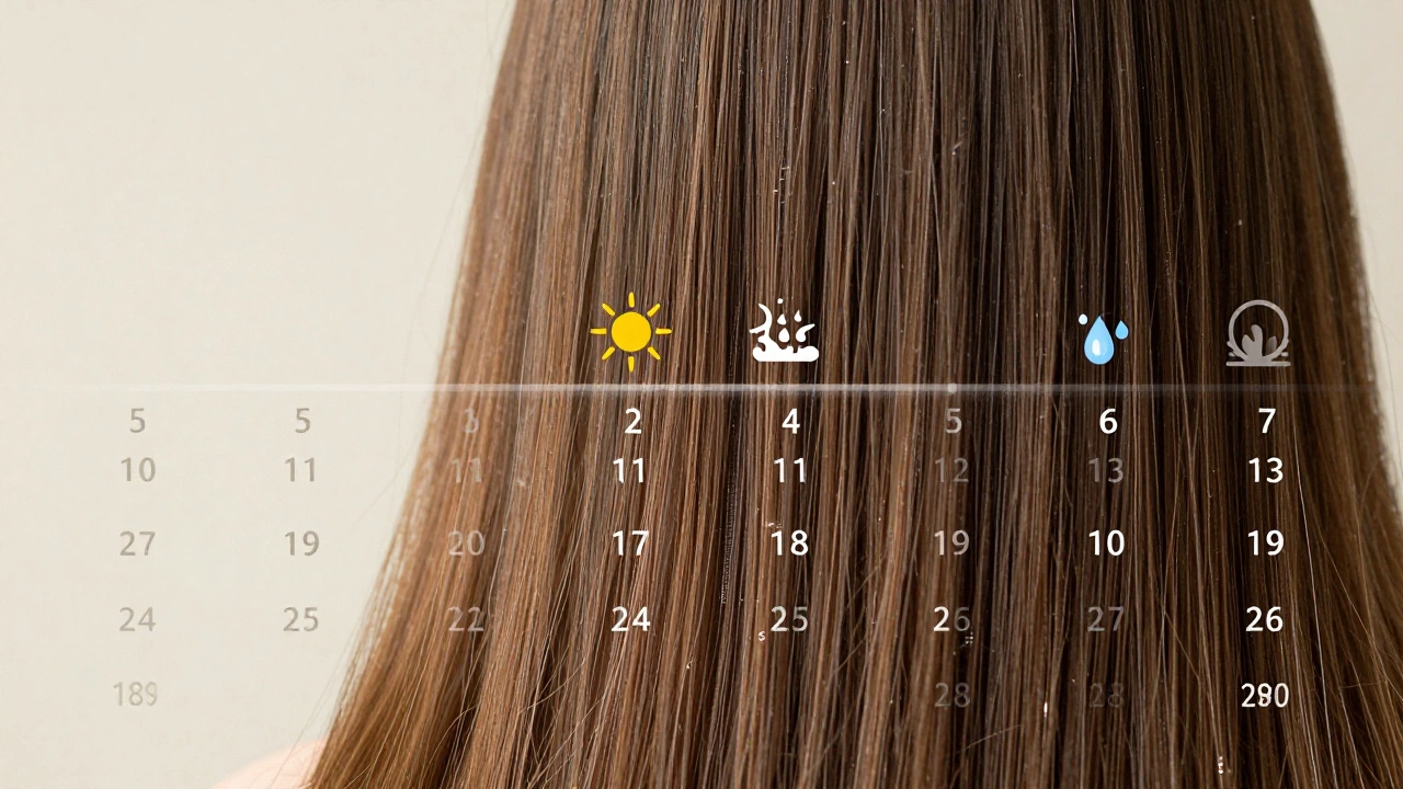 Kalendář s časovou osou 6 měsíců, na které se vlasy postupně vrací k přirozené kudrnatosti.