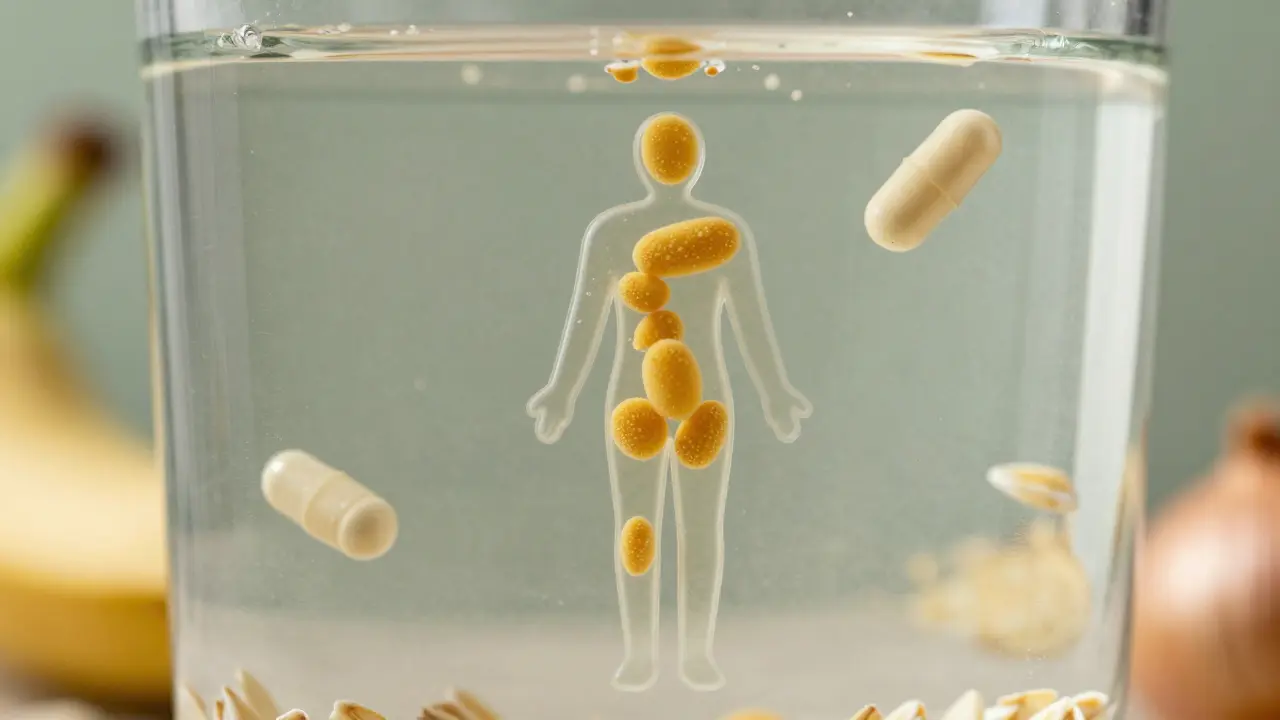 Kapsle probiotik se rozpouští ve vodě, z níž vystupují bakterie směrem k lidskému tělu, doprovázené prebiotickými potravinami.