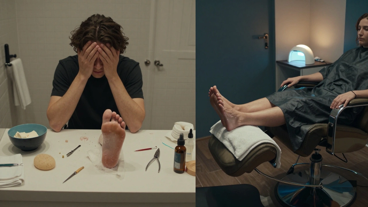 Kontrast mezi domácí pedikúrou v chaosu a profesionální pedikúrou v klidu salónu.