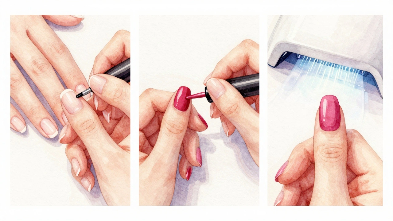Krok za krokem kombinované manikúry: gelový základ, klasický lak a ztvrdnutí pod UV lampou.