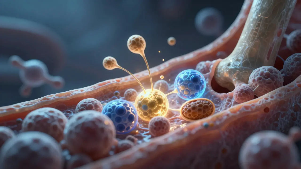 Mikroskopický pohled na buňky kloubu, které regenerují chrupavku pod vlivem kolagenu.