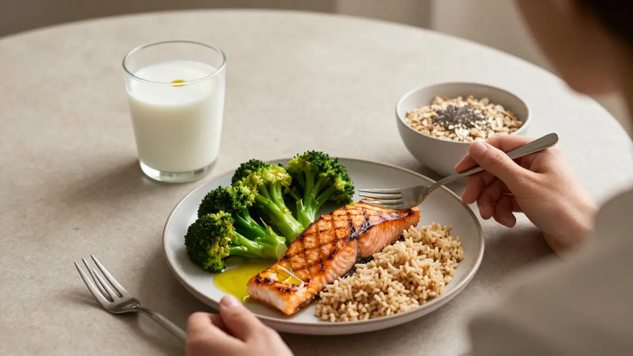 Osoba konzumuje zdravé jídlo s lososem, brokolice a salátem, doprovázené kefírem a ovesnými vločkami.