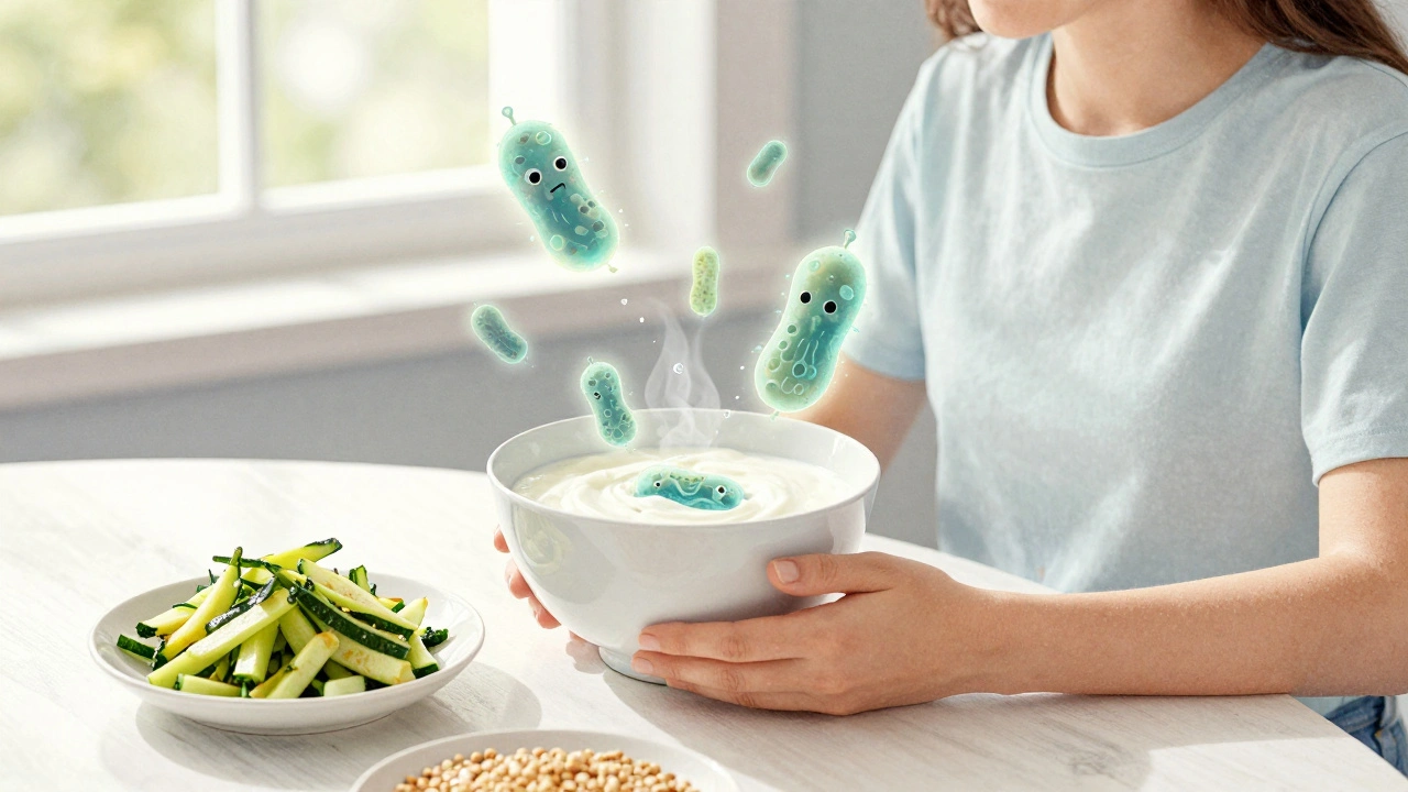 Osoba na snídani s kvašenými potravinami, kolem ní plavoucí mikroorganismy symbolizující zdraví střev.