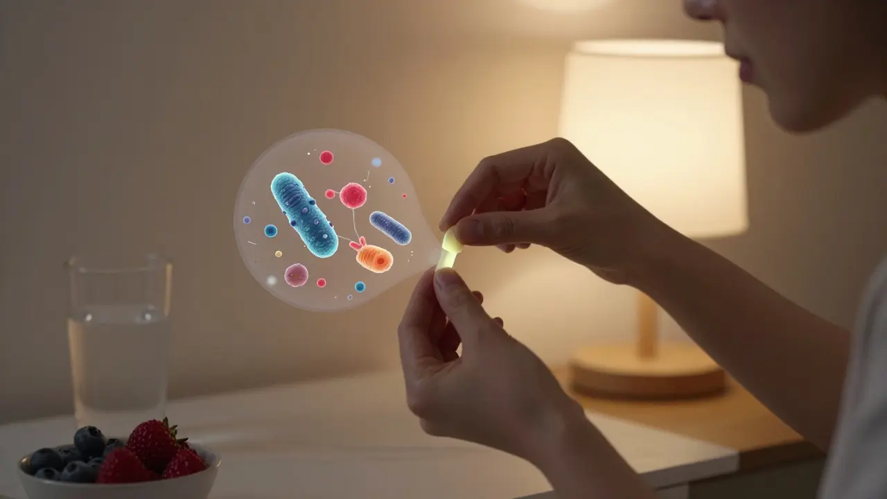 Osoba ukládá probiotikum pod jazyk v noci s vizualizací kolonizace bakterií.