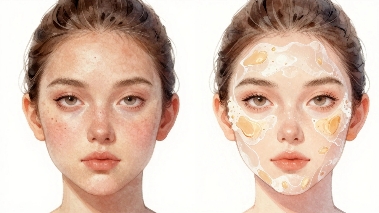 Porovnání matné a zářivé pleti po použití scrubu.