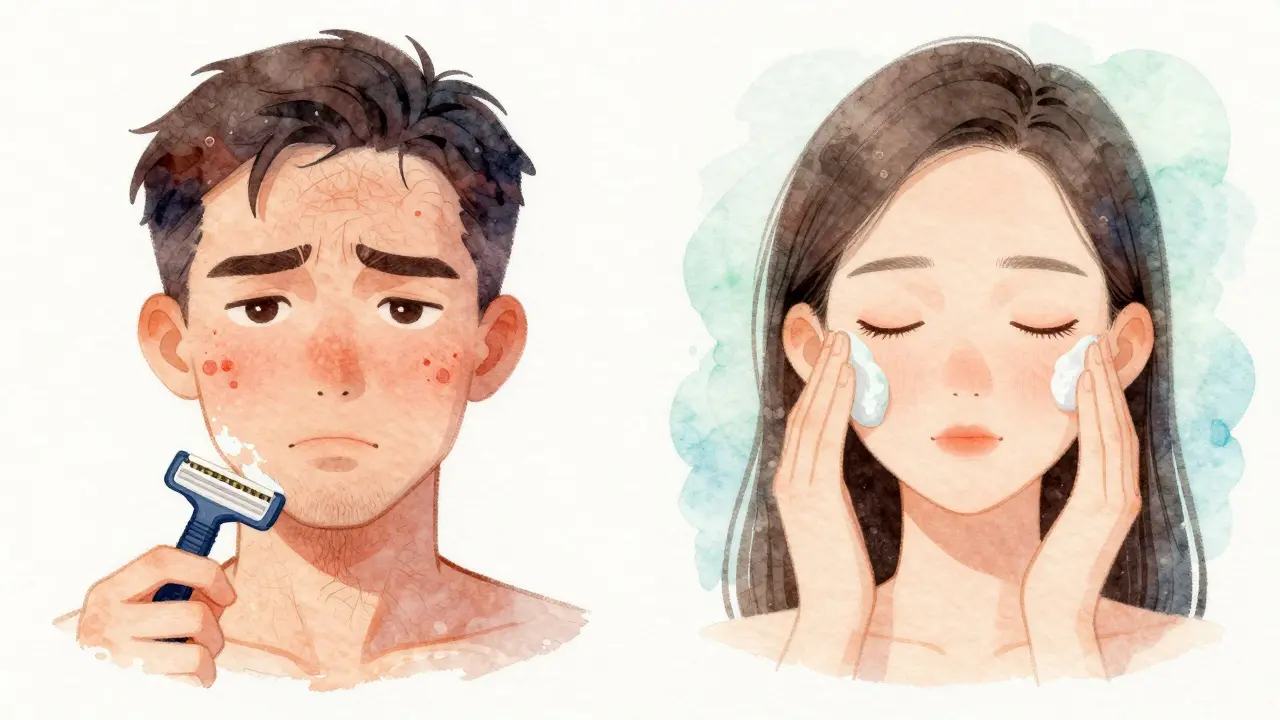 Porovnání podrážděné kůže a hladké kůže po správném a nesprávném holení, jemný vodní kreslený styl.