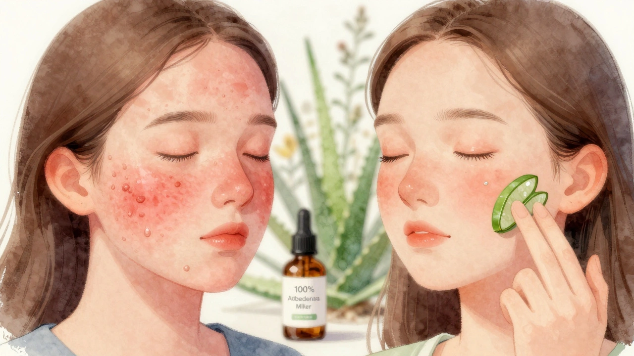 Porovnání pokožky s akné před a po třech týdnech používání aloe verového gelu.
