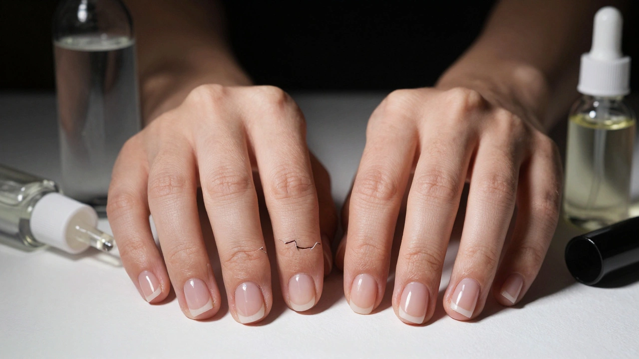 Porovnání poškozených nehtů po gelu a zdravých nehtů po kombinované manikúře.