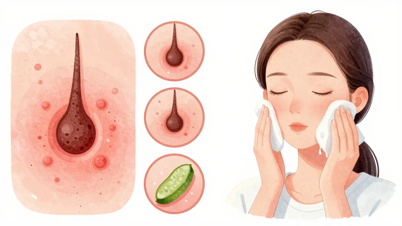 Porovnání zánětlivé kůže a klidné kůže po správné péči po depilaci.