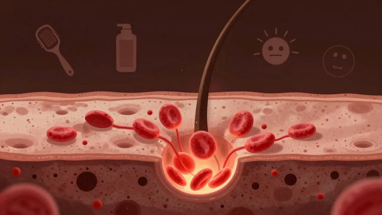 Přehled zdravého vlasového folikulu s proudem živin, proti temnému pozadí s odstraněnými škodlivými faktory.