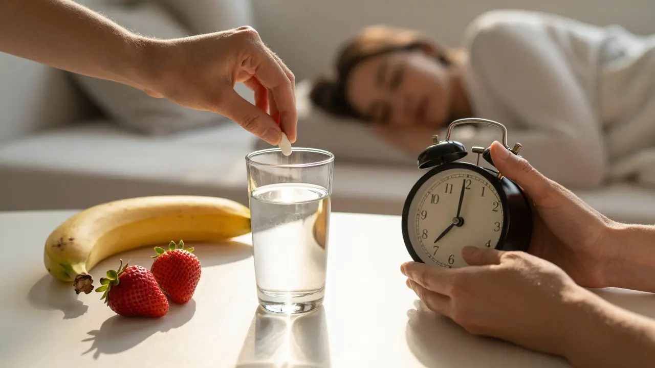 Ráno na stole probiotikum, banán a jahody s hodinami ukazujícími optimální čas užívání.