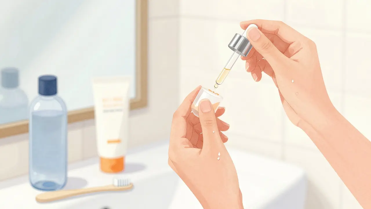 Ruce aplikují lehký sérum na čistou pokožku v minimalistické koupelně.