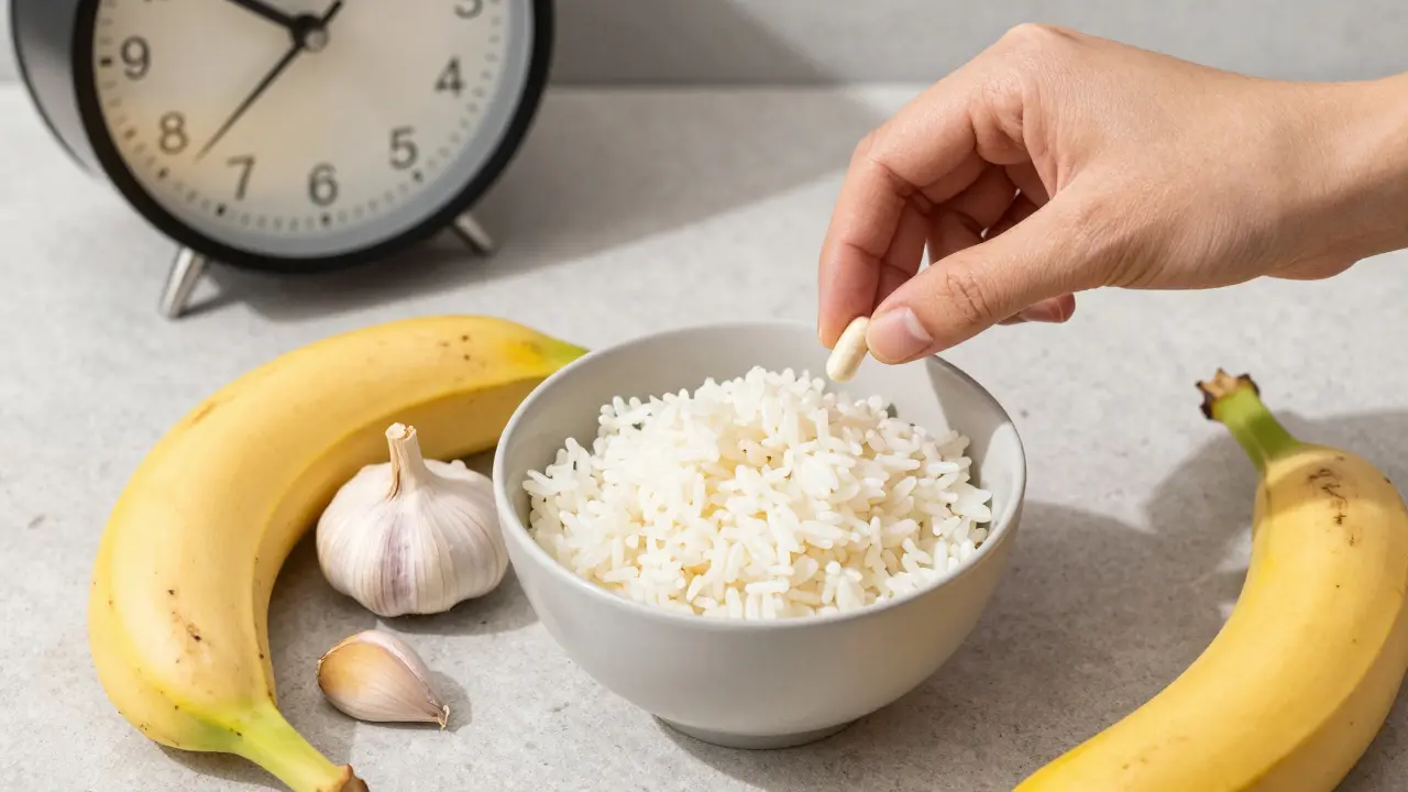 Ruce kladou probiotikum vedle chladné rýže, česneku a zeleného banánu na kamenité desce.