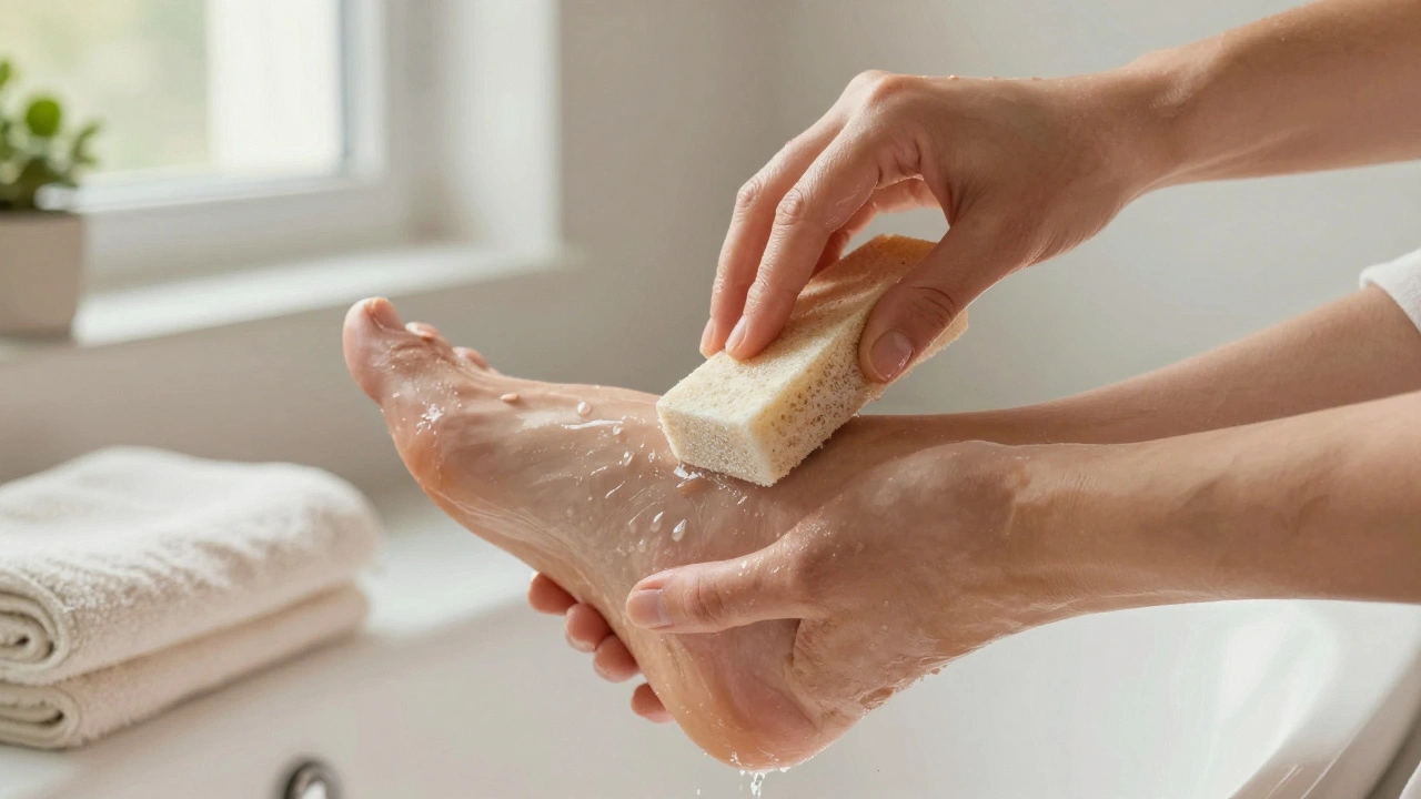 Ruce provádějící jemné odstranění ztuhlé kůže na pěstě nohy během mokré pedikúry.