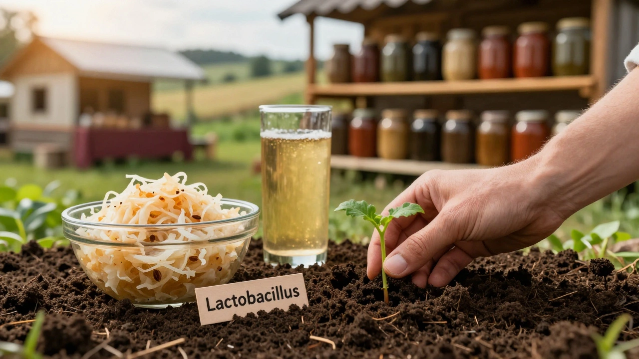 Ruce sadí bakterie do půdy vedle kysaného zelí a kombuče, pozadí českého tržiště.