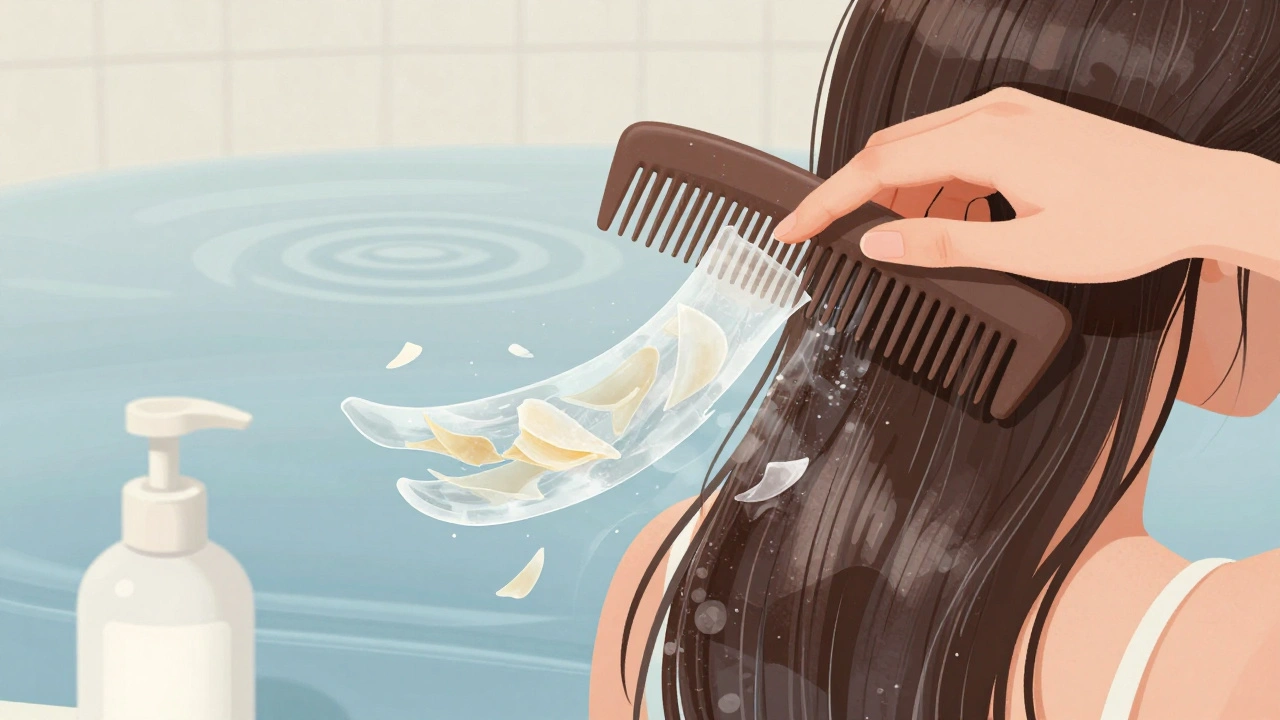 Ruka češe mokré vlasy širokými zuby, zatímco keratinová vrstva postupně vymizí ve vodě.