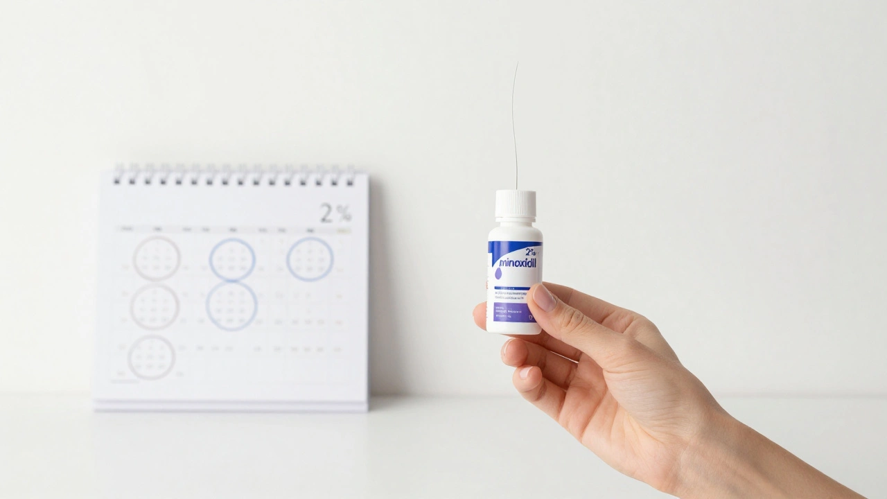 Ruka drží minoxidil vedle kalendáře s označenými 6 měsíci a novým vlasem.