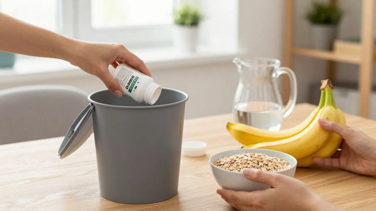 Ruka házející detox pilulky do koše, vedle nich banán, ovesná kaše a sklenice vody na stole.