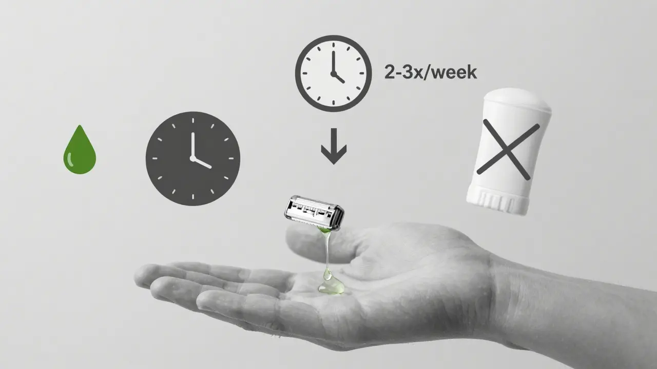 Rukou držený břit s kapekou aloe veru a symboly správného holení: kapka vody, šipka dolů, křížek nad deodorantem.