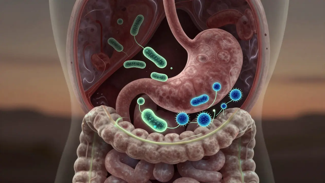 Schematic znázornění probiotik přežívajících žaludeční kyselinu a cestujících do střev.