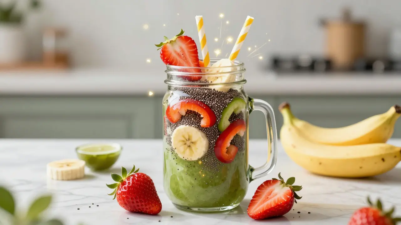 Smoothie s jahodami, paprikou a lněnými semínky se míchá ve sklenici.