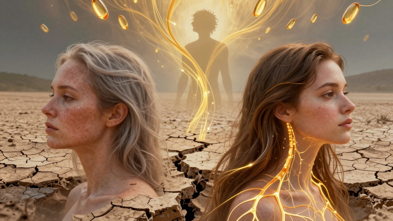 Suchá půda se mění v zdravou kůži a vlasy, zatímco zlaté nitky vitamínů B obnovují nervové spojení.