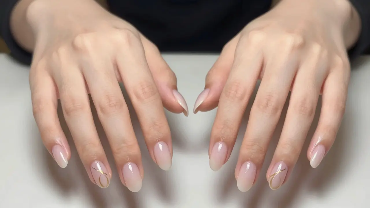 Symetrické US čáry na ovalových nehtech, vytvářející dojem délky a šířky s jemnými zlatými odlesky.