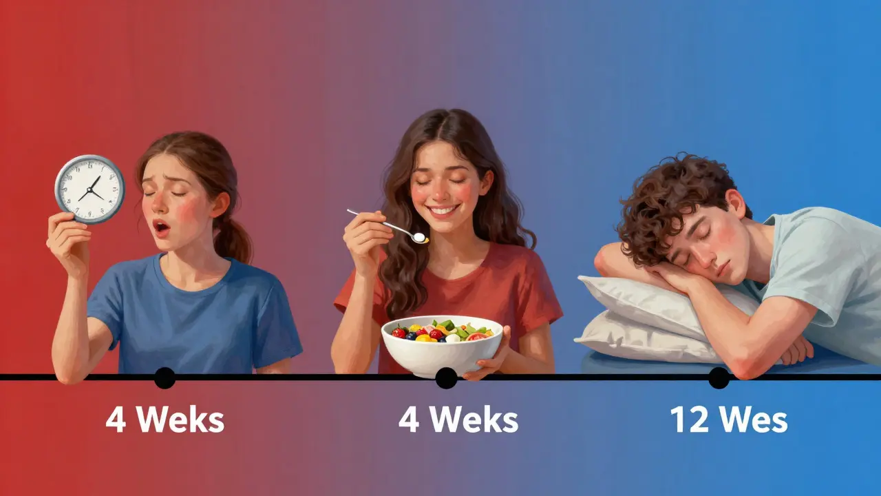 Tři lidé na časové ose, kteří zažívají zlepšení zdraví po 3 dnech, 4 týdnech a 12 týdnech užívání probiotik.