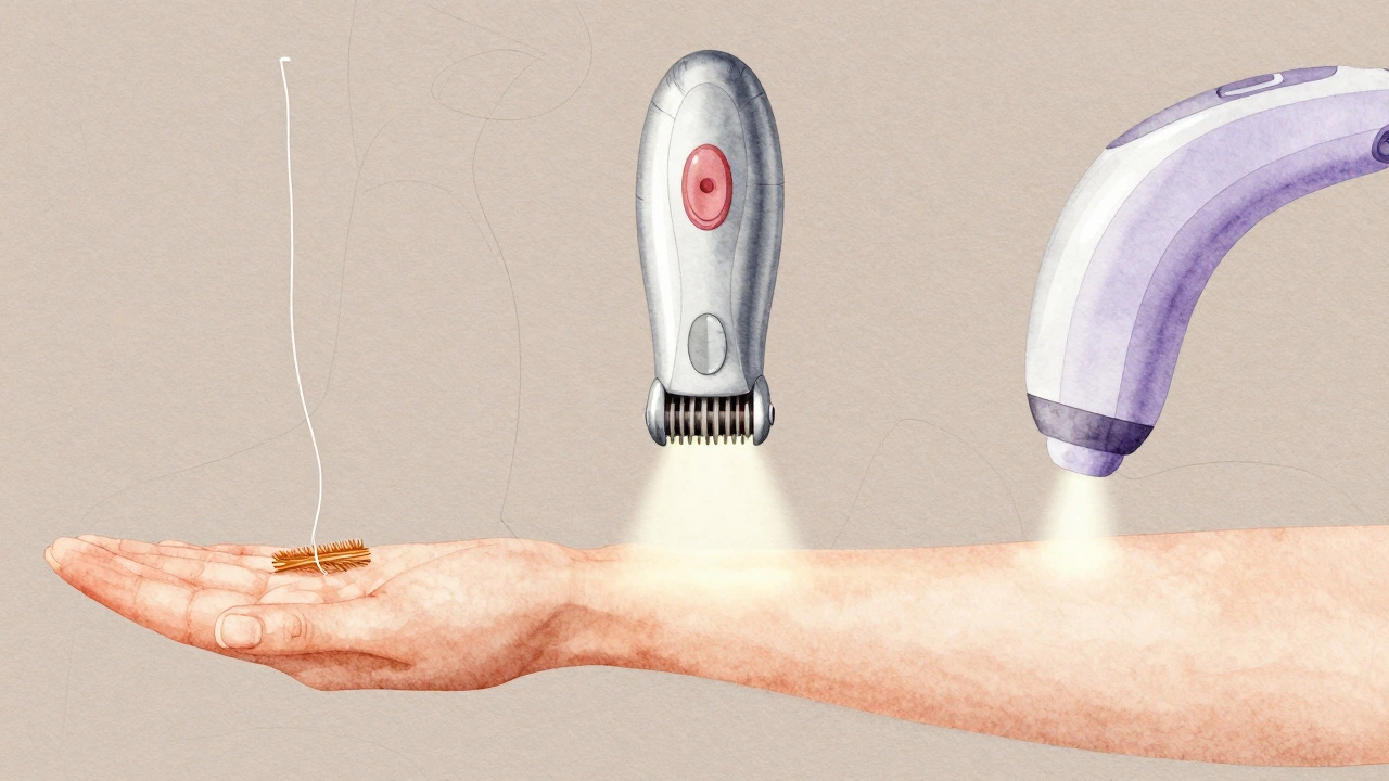 Tři symbolické metody depilace – nit, epilátor a laser – spojené do hladké pokožky.