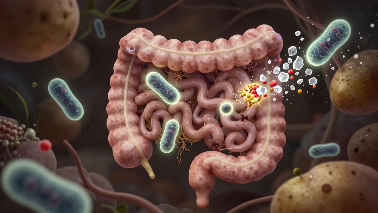 Uměle zobrazené střevo jako živý ekosystém s prospěšnými bakteriemi a vlákninou, odstraňující škodlivé látky.