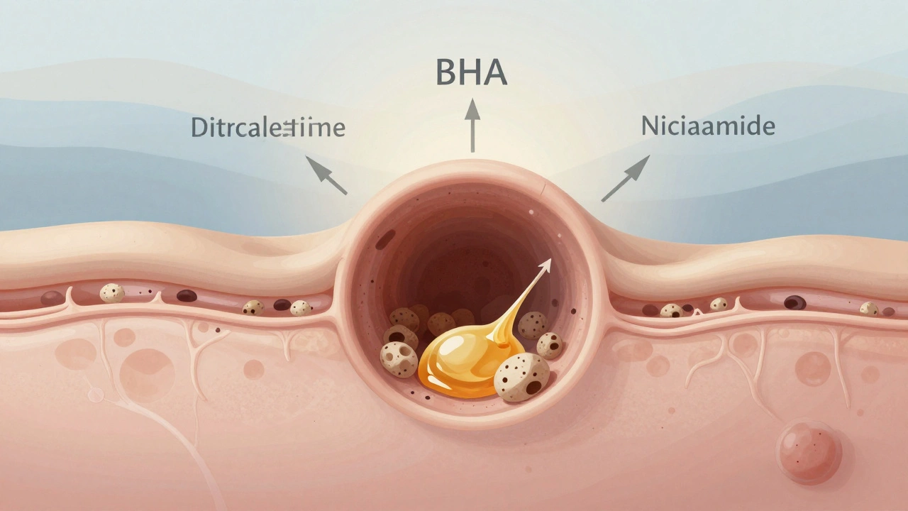 Umělecké znázornění póry plné tuku a odumřelých buněk s látkami, které ji čistí