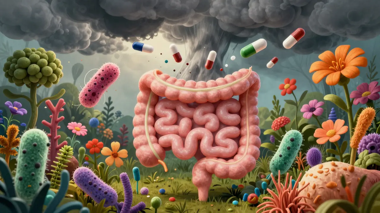 Umělý náčrt střeva jako zahrádky s užitečnými bakteriemi jako květinami a prebiotiky jako kořeny.