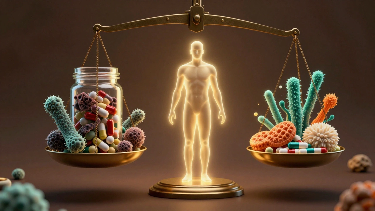 Váha s antibiotiky na jedné straně a probiotiky na druhé, člověk uprostřed ozářený energií.
