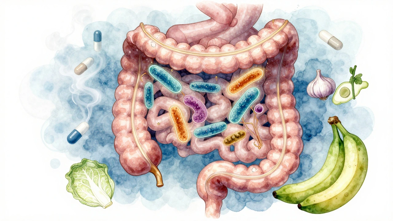 Vnitřní trakt s živými laktobacily a přirozenými potravinami, antibiotika ve formě kouře.
