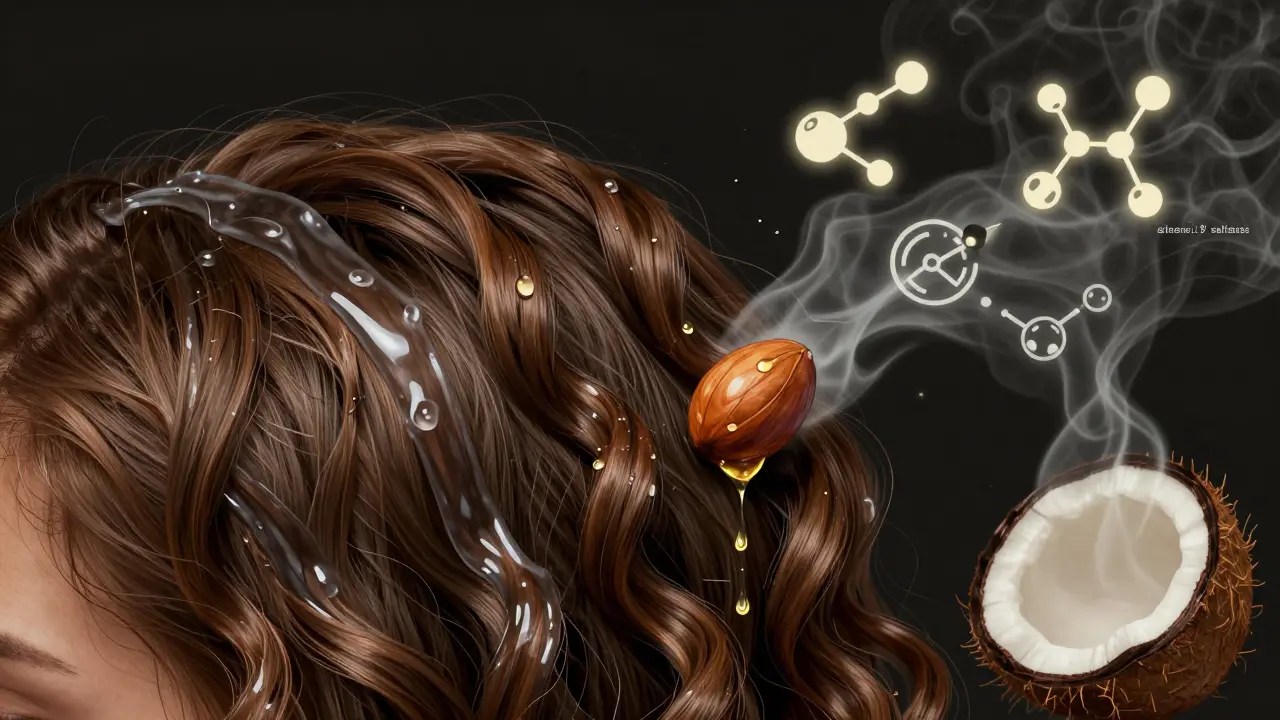 Zdravé vlasy proniká přírodní olej, zatímco plastový povlak se odstraňuje.